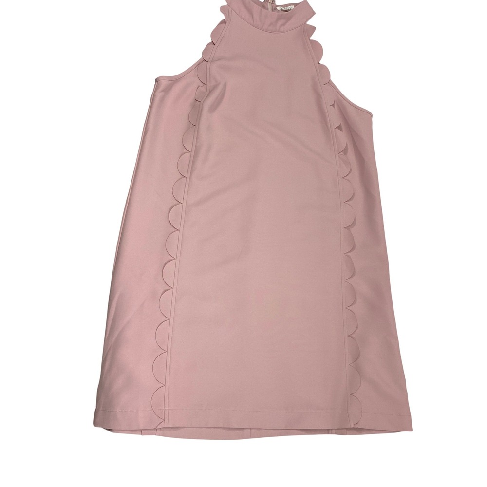 TCEC Dress Womens Meduim Pink Scalloped Mock Neck Sleeveless Shift Mod Retro